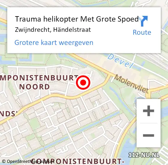 Locatie op kaart van de 112 melding: Trauma helikopter Met Grote Spoed Naar Zwijndrecht, Händelstraat op 21 mei 2022 13:35