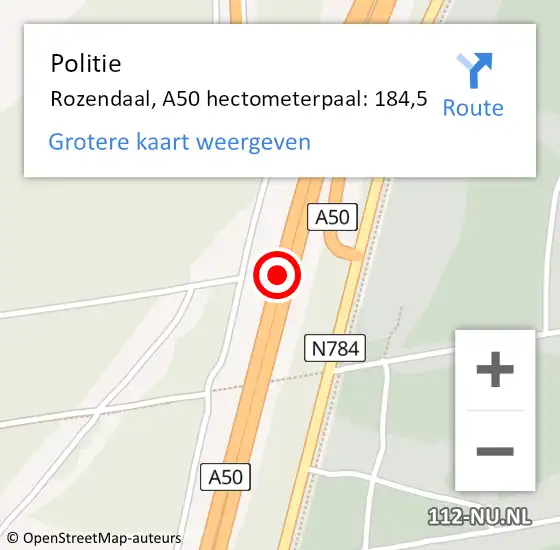 Locatie op kaart van de 112 melding: Politie Rozendaal, A50 hectometerpaal: 184,5 op 21 mei 2022 15:33