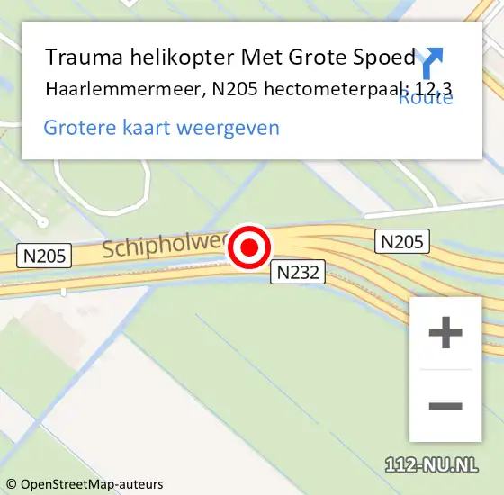 Locatie op kaart van de 112 melding: Trauma helikopter Met Grote Spoed Naar Haarlemmermeer, N205 hectometerpaal: 12,3 op 21 mei 2022 15:33