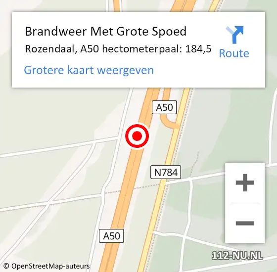 Locatie op kaart van de 112 melding: Brandweer Met Grote Spoed Naar Rozendaal, A50 hectometerpaal: 184,5 op 21 mei 2022 15:36