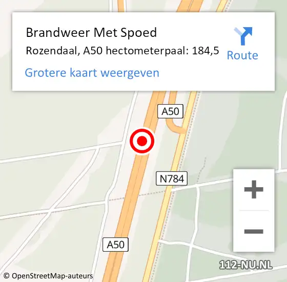 Locatie op kaart van de 112 melding: Brandweer Met Spoed Naar Rozendaal, A50 hectometerpaal: 184,5 op 21 mei 2022 16:03