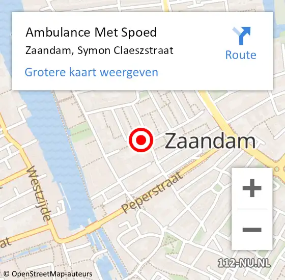 Locatie op kaart van de 112 melding: Ambulance Met Spoed Naar Zaandam, Symon Claeszstraat op 21 mei 2022 16:48