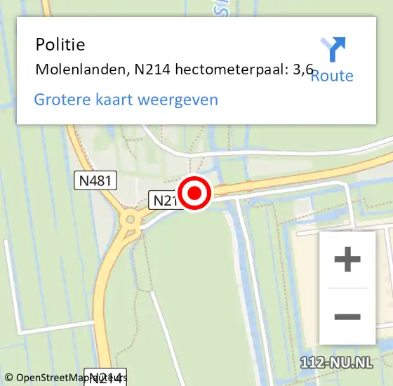 Locatie op kaart van de 112 melding: Politie Molenlanden, N214 hectometerpaal: 3,6 op 21 mei 2022 16:57