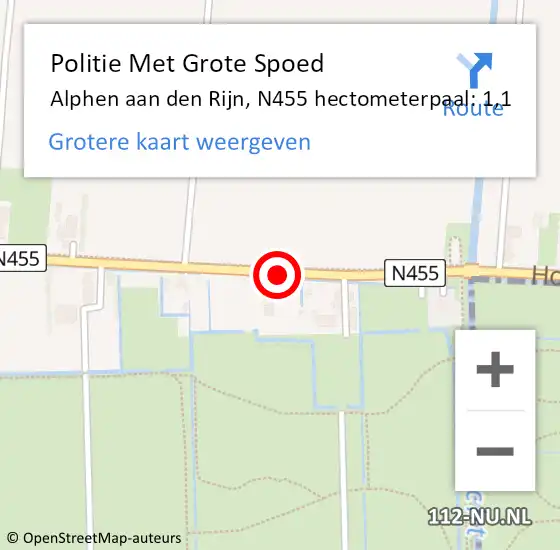 Locatie op kaart van de 112 melding: Politie Met Grote Spoed Naar Alphen aan den Rijn, N455 hectometerpaal: 1,1 op 21 mei 2022 17:08