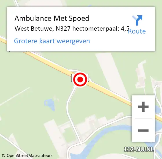 Locatie op kaart van de 112 melding: Ambulance Met Spoed Naar West Betuwe, N327 hectometerpaal: 4,5 op 21 mei 2022 19:04