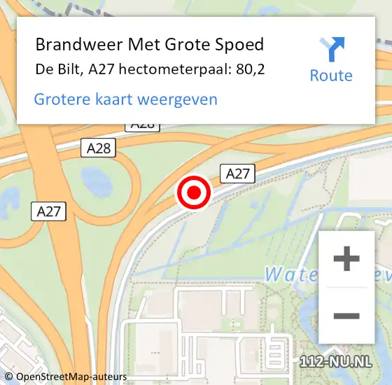 Locatie op kaart van de 112 melding: Brandweer Met Grote Spoed Naar De Bilt, A27 hectometerpaal: 80,2 op 21 mei 2022 22:44