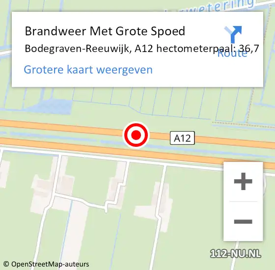Locatie op kaart van de 112 melding: Brandweer Met Grote Spoed Naar Bodegraven-Reeuwijk, A12 hectometerpaal: 36,7 op 21 mei 2022 23:13