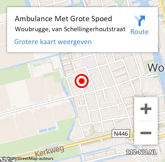 Locatie op kaart van de 112 melding: Ambulance Met Grote Spoed Naar Woubrugge, van Schellingerhoutstraat op 22 mei 2022 00:23