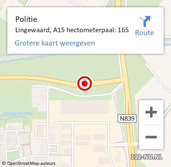 Locatie op kaart van de 112 melding: Politie Lingewaard, A15 hectometerpaal: 165 op 22 mei 2022 01:16