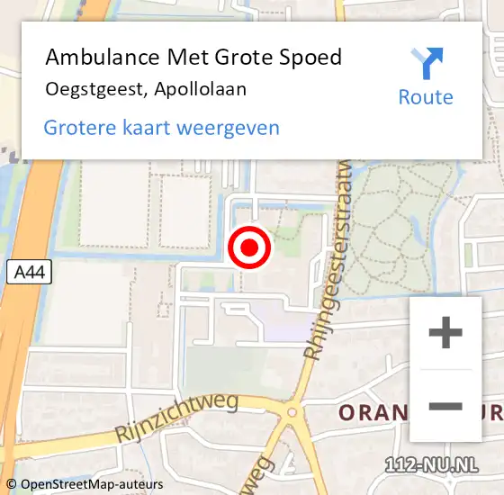 Locatie op kaart van de 112 melding: Ambulance Met Grote Spoed Naar Oegstgeest, Apollolaan op 22 mei 2022 02:43