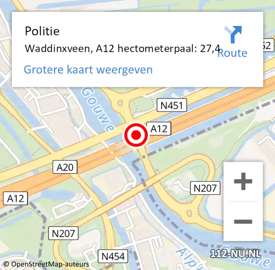 Locatie op kaart van de 112 melding: Politie Waddinxveen, A12 hectometerpaal: 27,4 op 22 mei 2022 05:08