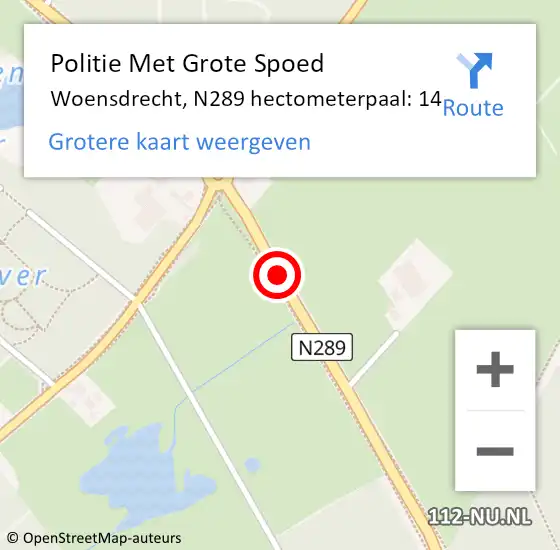 Locatie op kaart van de 112 melding: Politie Met Grote Spoed Naar Woensdrecht, N289 hectometerpaal: 14 op 22 mei 2022 05:20