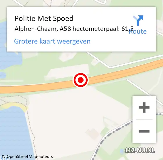 Locatie op kaart van de 112 melding: Politie Met Spoed Naar Alphen-Chaam, A58 hectometerpaal: 61,5 op 22 mei 2022 07:25