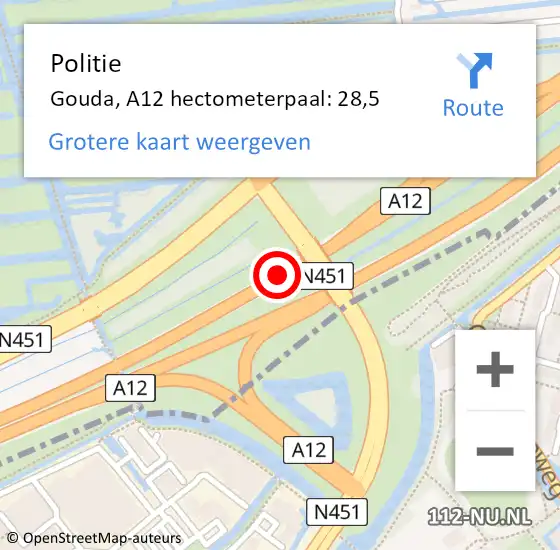 Locatie op kaart van de 112 melding: Politie Gouda, A12 hectometerpaal: 28,5 op 22 mei 2022 08:06