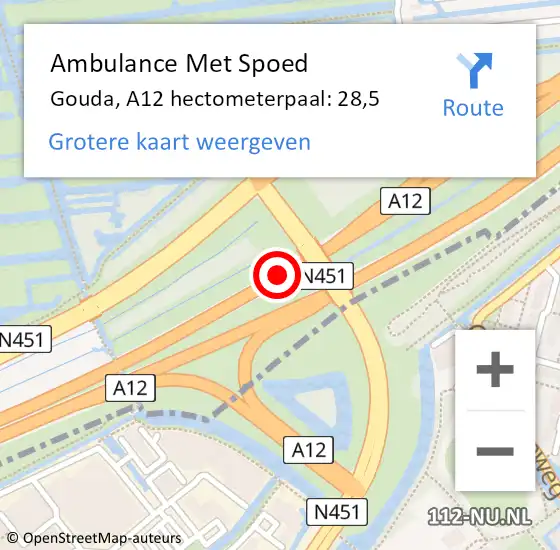 Locatie op kaart van de 112 melding: Ambulance Met Spoed Naar Gouda, A12 hectometerpaal: 28,5 op 22 mei 2022 08:47