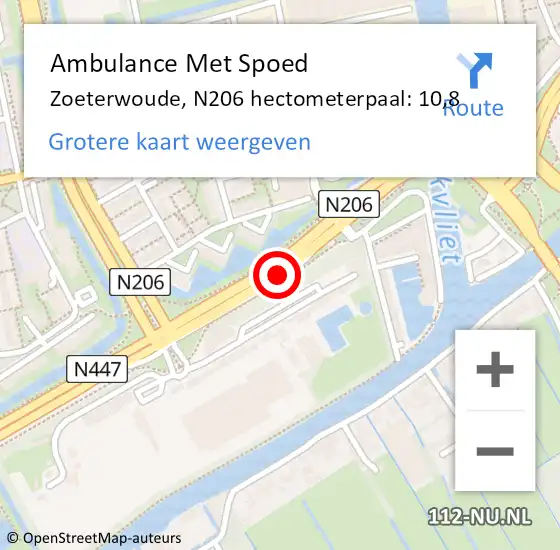 Locatie op kaart van de 112 melding: Ambulance Met Spoed Naar Zoeterwoude, N206 hectometerpaal: 10,8 op 22 mei 2022 11:08