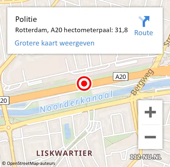 Locatie op kaart van de 112 melding: Politie Rotterdam, A20 hectometerpaal: 31,8 op 22 mei 2022 12:54