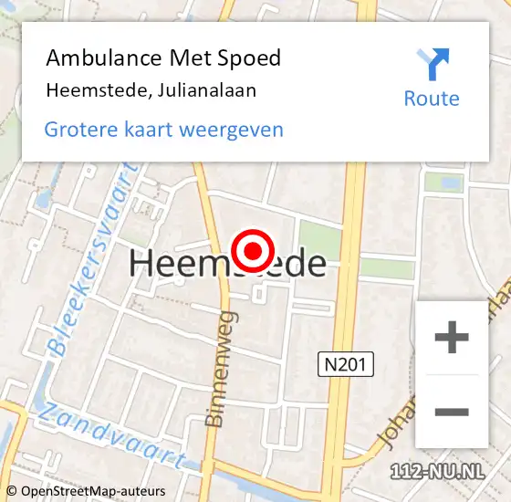 Locatie op kaart van de 112 melding: Ambulance Met Spoed Naar Heemstede, Julianalaan op 22 mei 2022 12:54