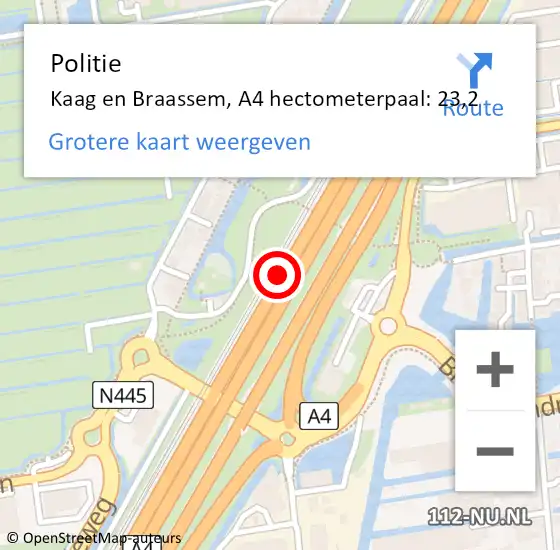 Locatie op kaart van de 112 melding: Politie Kaag en Braassem, A4 hectometerpaal: 23,2 op 22 mei 2022 12:58