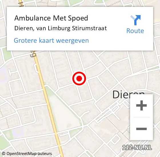 Locatie op kaart van de 112 melding: Ambulance Met Spoed Naar Dieren, van Limburg Stirumstraat op 22 mei 2022 13:04