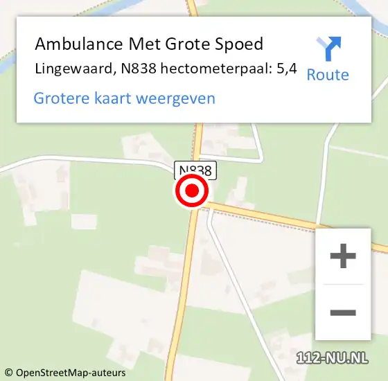Locatie op kaart van de 112 melding: Ambulance Met Grote Spoed Naar Lingewaard, N838 hectometerpaal: 5,4 op 22 mei 2022 14:41