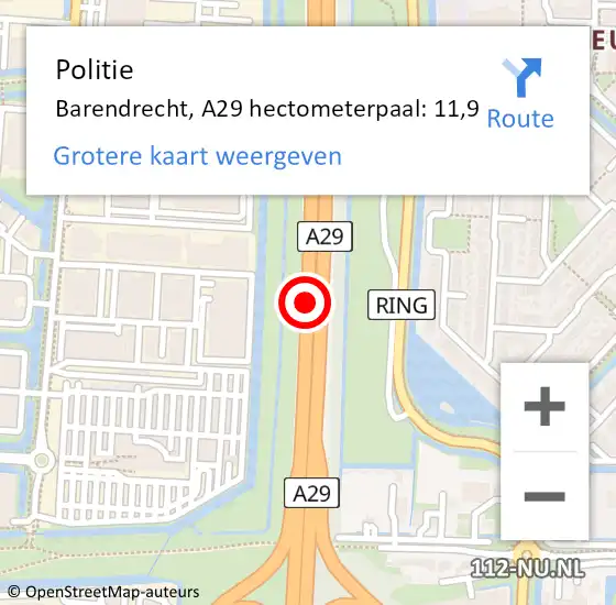 Locatie op kaart van de 112 melding: Politie Barendrecht, A29 hectometerpaal: 11,9 op 22 mei 2022 15:29
