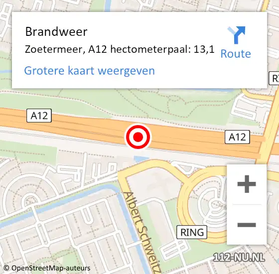 Locatie op kaart van de 112 melding: Brandweer Zoetermeer, A12 hectometerpaal: 13,1 op 22 mei 2022 16:09