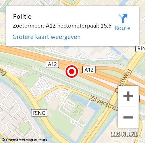 Locatie op kaart van de 112 melding: Politie Zoetermeer, A12 hectometerpaal: 15,5 op 22 mei 2022 16:34