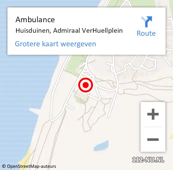 Locatie op kaart van de 112 melding: Ambulance Huisduinen, Admiraal VerHuellplein op 22 mei 2022 16:43