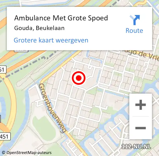 Locatie op kaart van de 112 melding: Ambulance Met Grote Spoed Naar Gouda, Beukelaan op 22 mei 2022 16:46