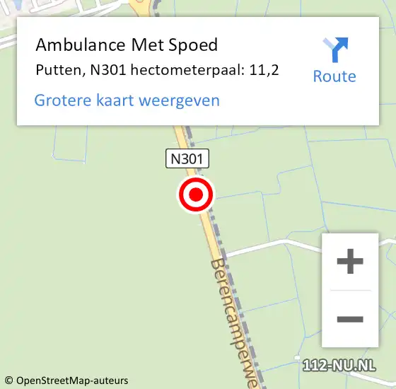 Locatie op kaart van de 112 melding: Ambulance Met Spoed Naar Putten, N301 hectometerpaal: 11,2 op 22 mei 2022 16:46
