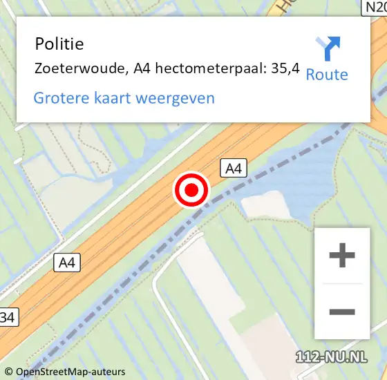 Locatie op kaart van de 112 melding: Politie Zoeterwoude, A4 hectometerpaal: 35,4 op 22 mei 2022 16:47