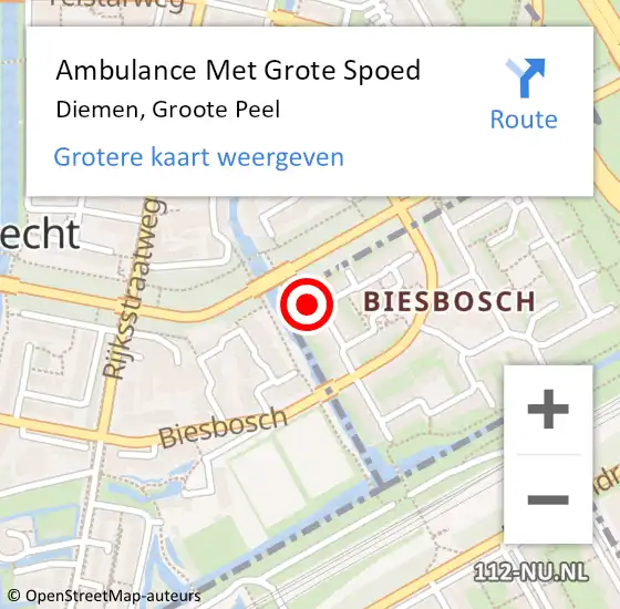Locatie op kaart van de 112 melding: Ambulance Met Grote Spoed Naar Diemen, Groote Peel op 22 mei 2022 16:48