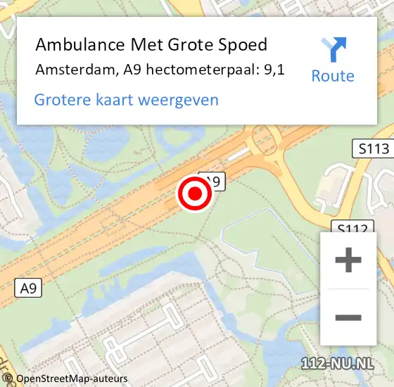 Locatie op kaart van de 112 melding: Ambulance Met Grote Spoed Naar Amsterdam, A9 hectometerpaal: 9,1 op 22 mei 2022 17:42