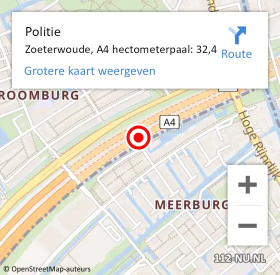 Locatie op kaart van de 112 melding: Politie Zoeterwoude, A4 hectometerpaal: 32,4 op 22 mei 2022 19:50