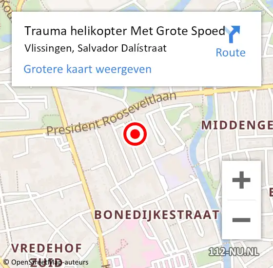 Locatie op kaart van de 112 melding: Trauma helikopter Met Grote Spoed Naar Vlissingen, Salvador Dalístraat op 22 mei 2022 22:46