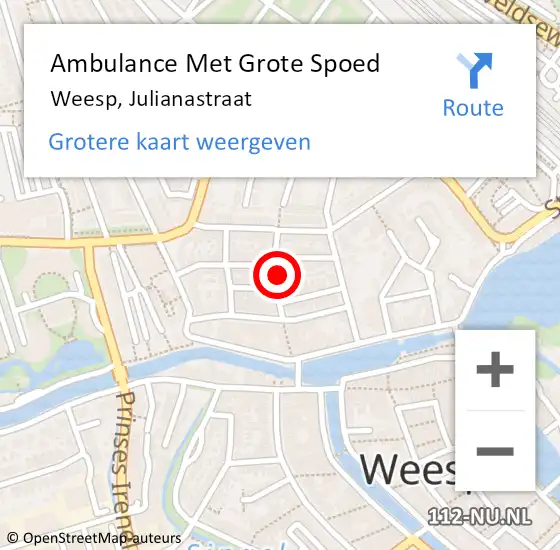 Locatie op kaart van de 112 melding: Ambulance Met Grote Spoed Naar Weesp, Julianastraat op 23 mei 2022 01:56