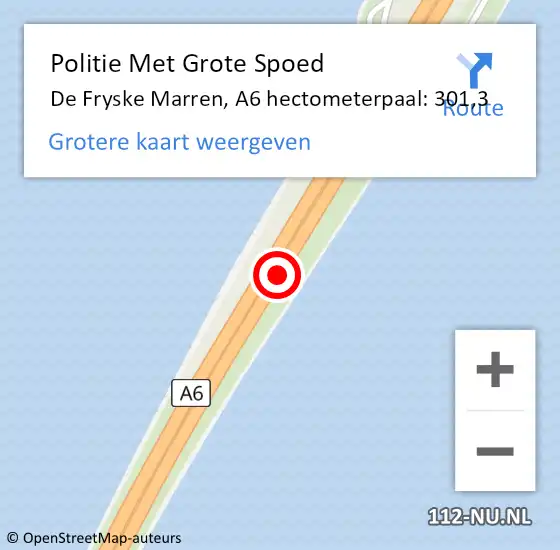 Locatie op kaart van de 112 melding: Politie Met Grote Spoed Naar De Fryske Marren, A6 hectometerpaal: 301,3 op 23 mei 2022 03:51