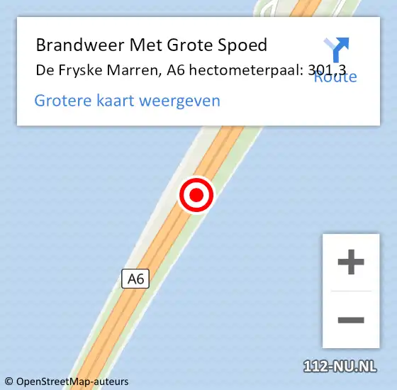 Locatie op kaart van de 112 melding: Brandweer Met Grote Spoed Naar De Fryske Marren, A6 hectometerpaal: 301,3 op 23 mei 2022 03:51