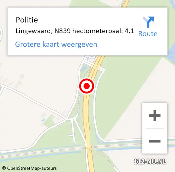 Locatie op kaart van de 112 melding: Politie Lingewaard, N839 hectometerpaal: 4,1 op 23 mei 2022 07:36