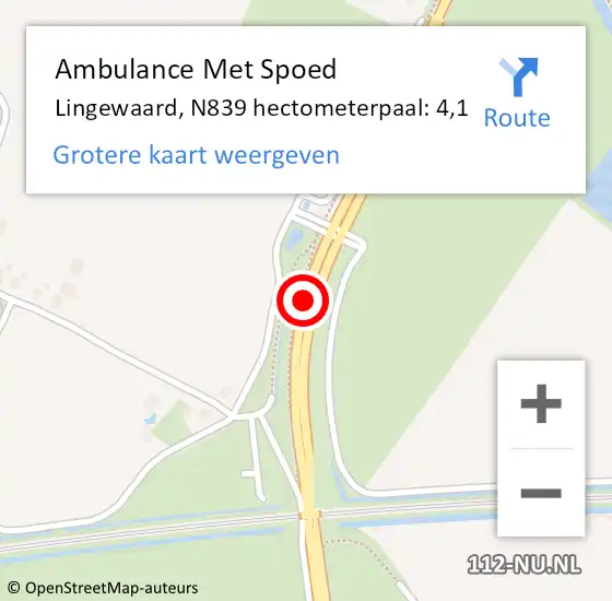 Locatie op kaart van de 112 melding: Ambulance Met Spoed Naar Lingewaard, N839 hectometerpaal: 4,1 op 23 mei 2022 07:38