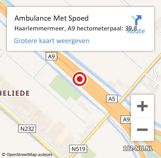 Locatie op kaart van de 112 melding: Ambulance Met Spoed Naar Haarlemmermeer, A9 hectometerpaal: 39,8 op 23 mei 2022 08:21