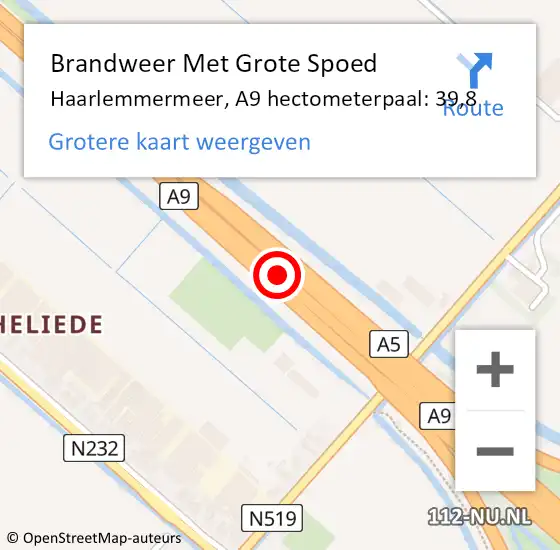 Locatie op kaart van de 112 melding: Brandweer Met Grote Spoed Naar Haarlemmermeer, A9 hectometerpaal: 39,8 op 23 mei 2022 08:22