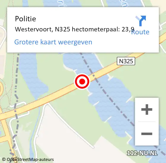 Locatie op kaart van de 112 melding: Politie Westervoort, N325 hectometerpaal: 23,9 op 23 mei 2022 08:55