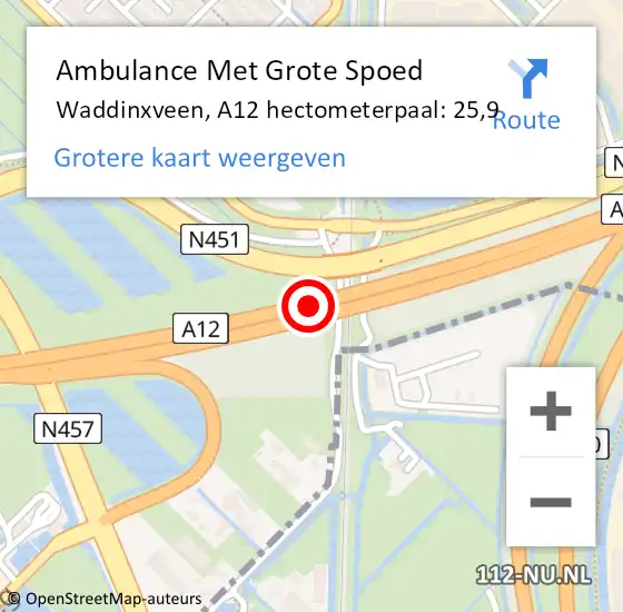 Locatie op kaart van de 112 melding: Ambulance Met Grote Spoed Naar Waddinxveen, A12 hectometerpaal: 25,9 op 23 mei 2022 11:12