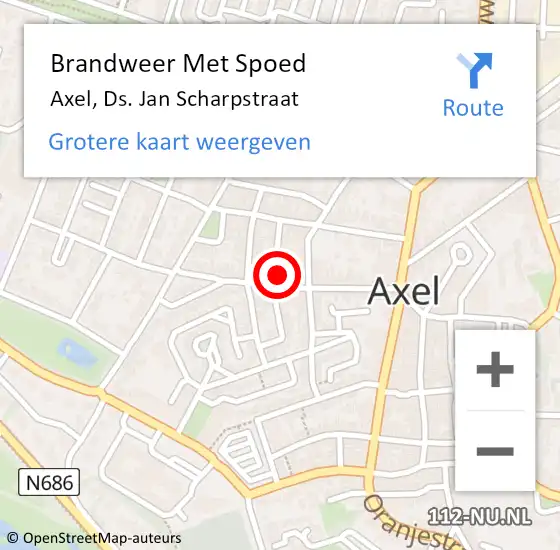 Locatie op kaart van de 112 melding: Brandweer Met Spoed Naar Axel, Ds. Jan Scharpstraat op 23 mei 2022 13:04