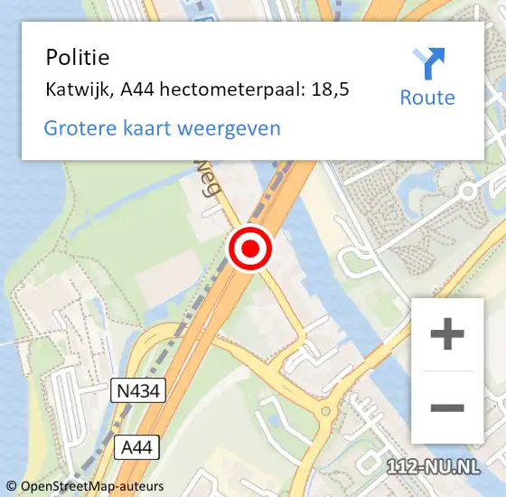 Locatie op kaart van de 112 melding: Politie Katwijk, A44 hectometerpaal: 18,5 op 23 mei 2022 13:17