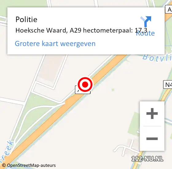 Locatie op kaart van de 112 melding: Politie Hoeksche Waard, A29 hectometerpaal: 17,3 op 23 mei 2022 16:41