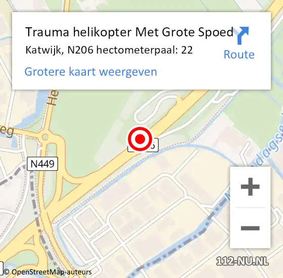 Locatie op kaart van de 112 melding: Trauma helikopter Met Grote Spoed Naar Katwijk, N206 hectometerpaal: 22 op 23 mei 2022 17:17