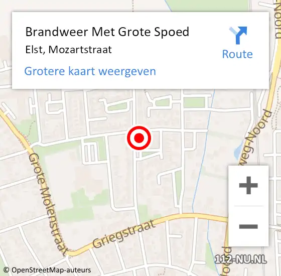 Locatie op kaart van de 112 melding: Brandweer Met Grote Spoed Naar Elst, Mozartstraat op 23 mei 2022 17:20